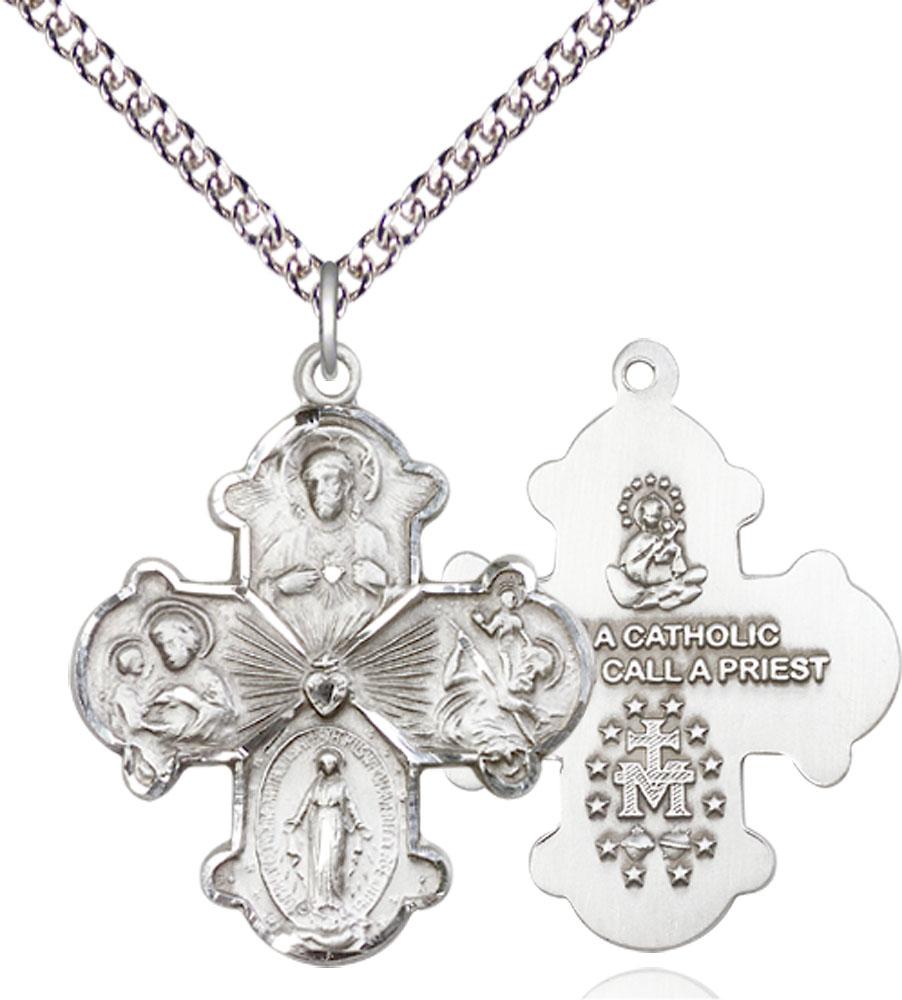 Sterling Silver 4-Way Pendant on a 24 inch Sterling Silver Heavy Curb chain