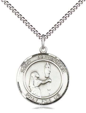 Sterling Silver Saint Bernadette Pendant on a 18 inch Light Rhodium Light Curb chain