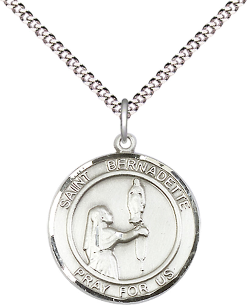 Sterling Silver Saint Bernadette Pendant on a 18 inch Light Rhodium Light Curb chain
