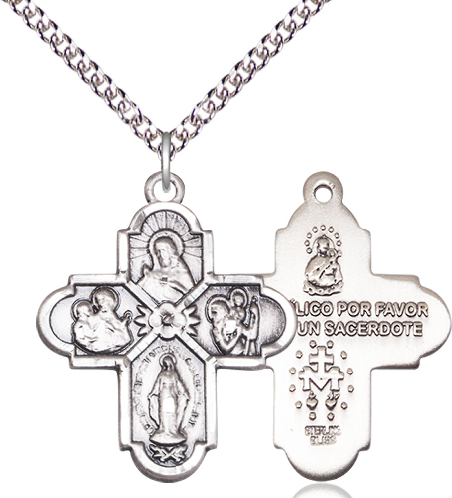 Sterling Silver 4-Way Pendant on a 24 inch Sterling Silver Heavy Curb chain