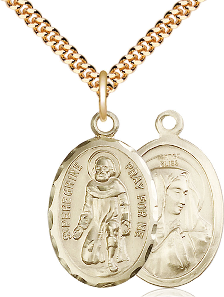 14kt Gold Filled Saint Peregrine Pendant on a 24 inch Gold Plate Heavy Curb chain