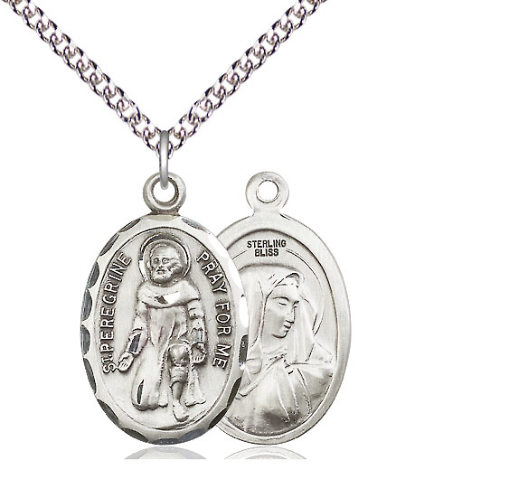 Sterling Silver Saint Peregrine Pendant on a 24 inch Sterling Silver Heavy Curb chain