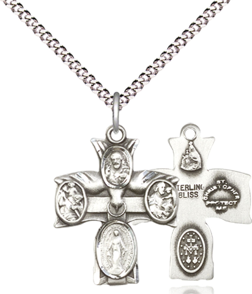Sterling Silver 4-Way Pendant on a 18 inch Light Rhodium Light Curb chain
