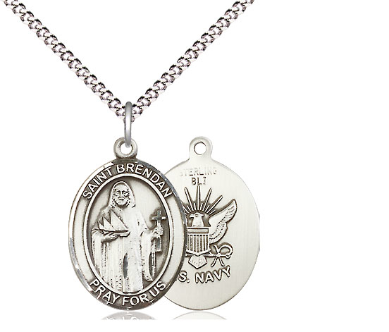 Sterling Silver Saint Brendan Navy Pendant on a 18 inch Light Rhodium Light Curb chain