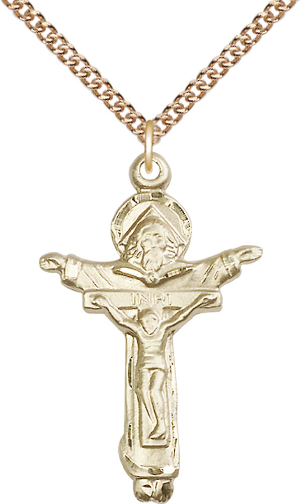 14kt Gold Filled Trinity Crucifix Pendant on a 24 inch Gold Filled Heavy Curb chain
