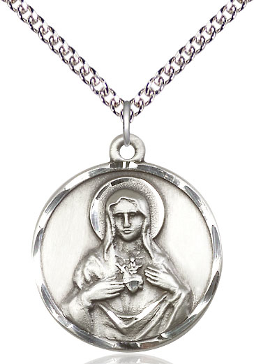 Sterling Silver Immaculate Heart of Mary Pendant on a 24 inch Sterling Silver Heavy Curb chain