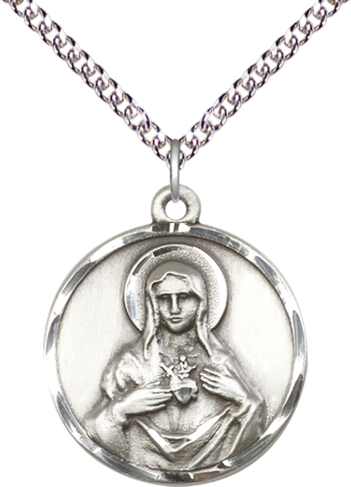 Sterling Silver Immaculate Heart of Mary Pendant on a 24 inch Sterling Silver Heavy Curb chain