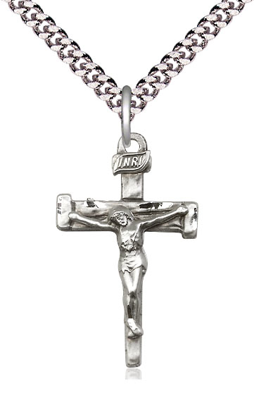 Sterling Silver Nail Crucifix Pendant on a 24 inch Light Rhodium Heavy Curb chain