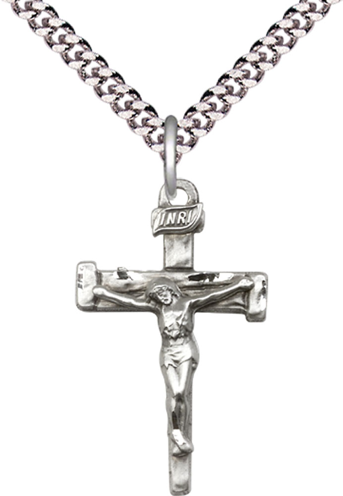 Sterling Silver Nail Crucifix Pendant on a 24 inch Light Rhodium Heavy Curb chain