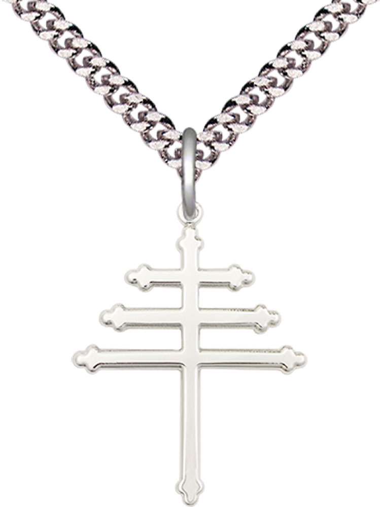 Sterling Silver Maronite Cross Pendant on a 24 inch Light Rhodium Heavy Curb chain