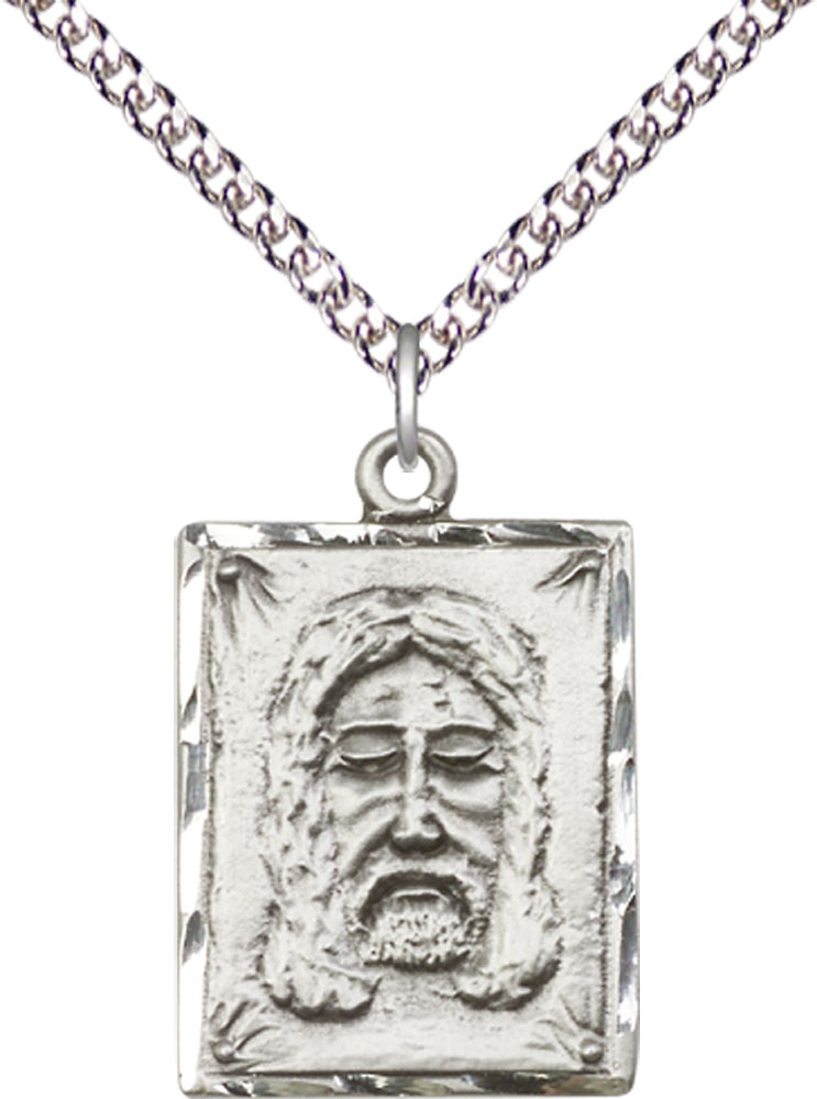 Sterling Silver Holy Face Pendant on a 24 inch Sterling Silver Heavy Curb chain