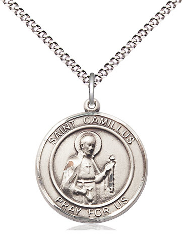 Sterling Silver Saint Camillus of Lellis Pendant on a 18 inch Light Rhodium Light Curb chain