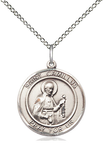 Sterling Silver Saint Camillus of Lellis Pendant on a 18 inch Sterling Silver Light Curb chain