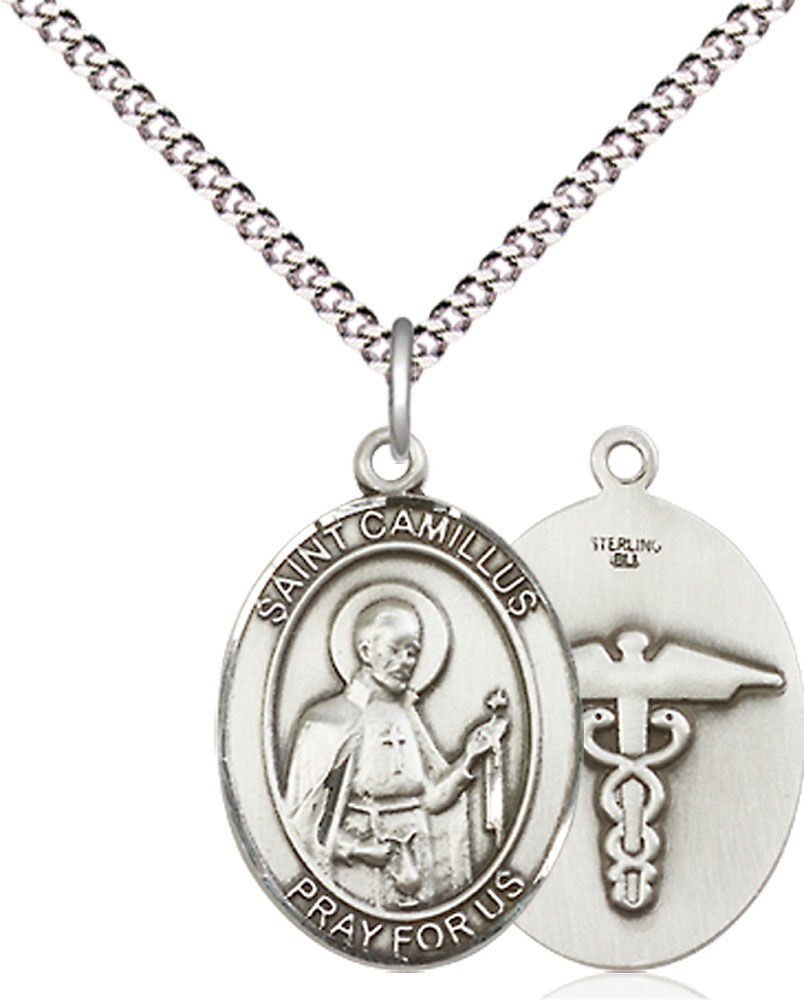 Sterling Silver Saint Camillus of Lellis Nurse Pendant on a 18 inch Light Rhodium Light Curb chain