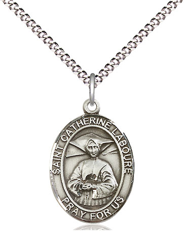 Sterling Silver Saint Catherine Laboure Pendant on a 18 inch Light Rhodium Light Curb chain