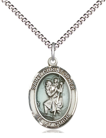 Sterling Silver Saint Christopher Pendant on a 18 inch Light Rhodium Light Curb chain