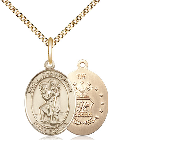 14kt Gold Filled Saint Christopher Air Force Pendant on a 18 inch Gold Plate Light Curb chain
