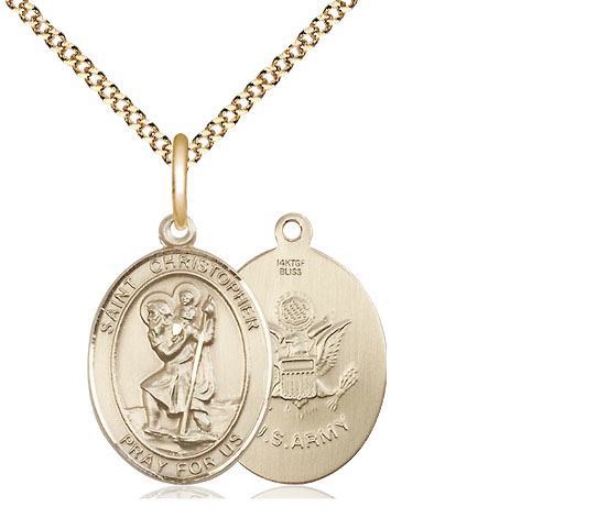 14kt Gold Filled Saint Christopher Army Pendant on a 18 inch Gold Plate Light Curb chain