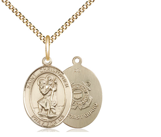 14kt Gold Filled Saint Christopher Coast Guard Pendant on a 18 inch Gold Plate Light Curb chain