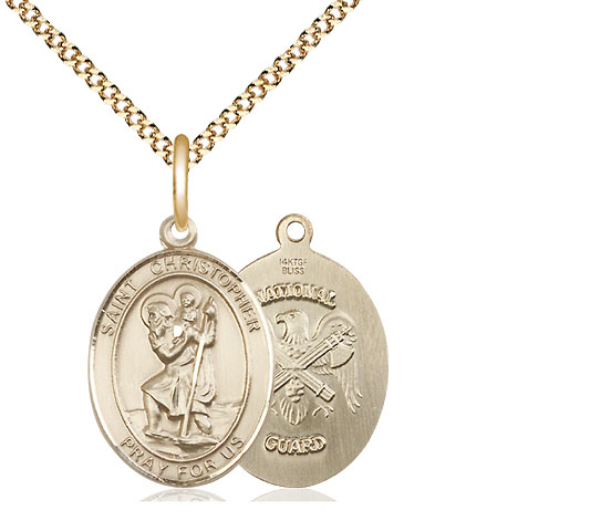 14kt Gold Filled Saint Christopher National Guard Pendant on a 18 inch Gold Plate Light Curb chain