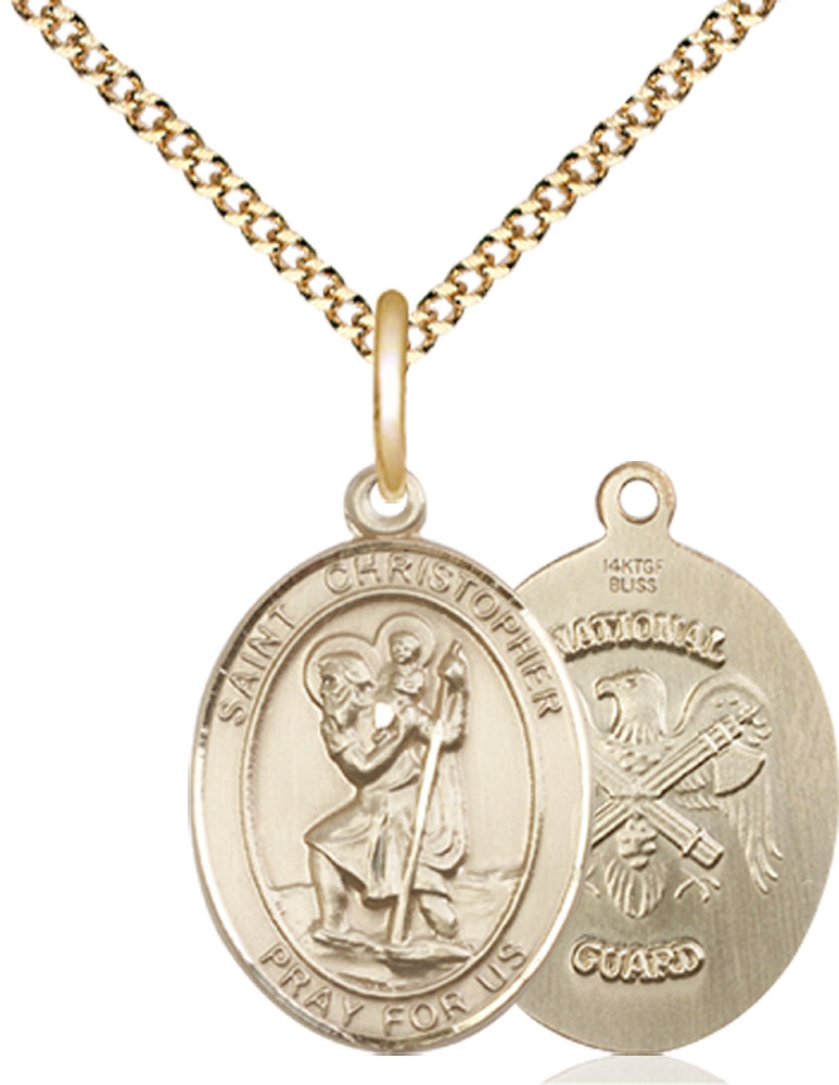 14kt Gold Filled Saint Christopher National Guard Pendant on a 18 inch Gold Plate Light Curb chain
