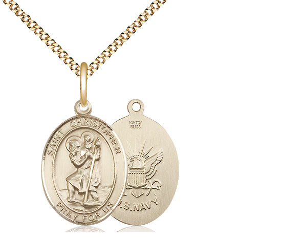 14kt Gold Filled Saint Christopher Navy Pendant on a 18 inch Gold Plate Light Curb chain