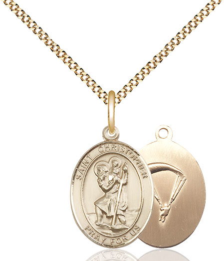 14kt Gold Filled Saint Christopher Paratrooper Pendant on a 18 inch Gold Plate Light Curb chain