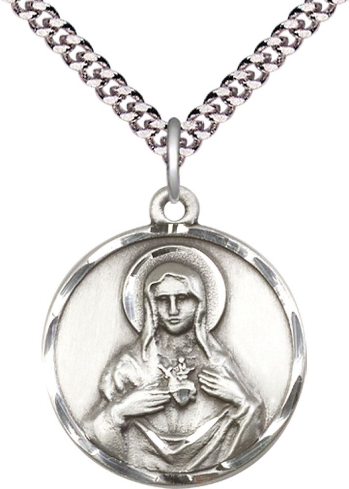 Sterling Silver Immaculate Heart of Mary Pendant on a 24 inch Light Rhodium Heavy Curb chain