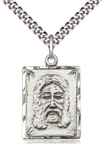 Sterling Silver Holy Face Pendant on a 24 inch Light Rhodium Heavy Curb chain
