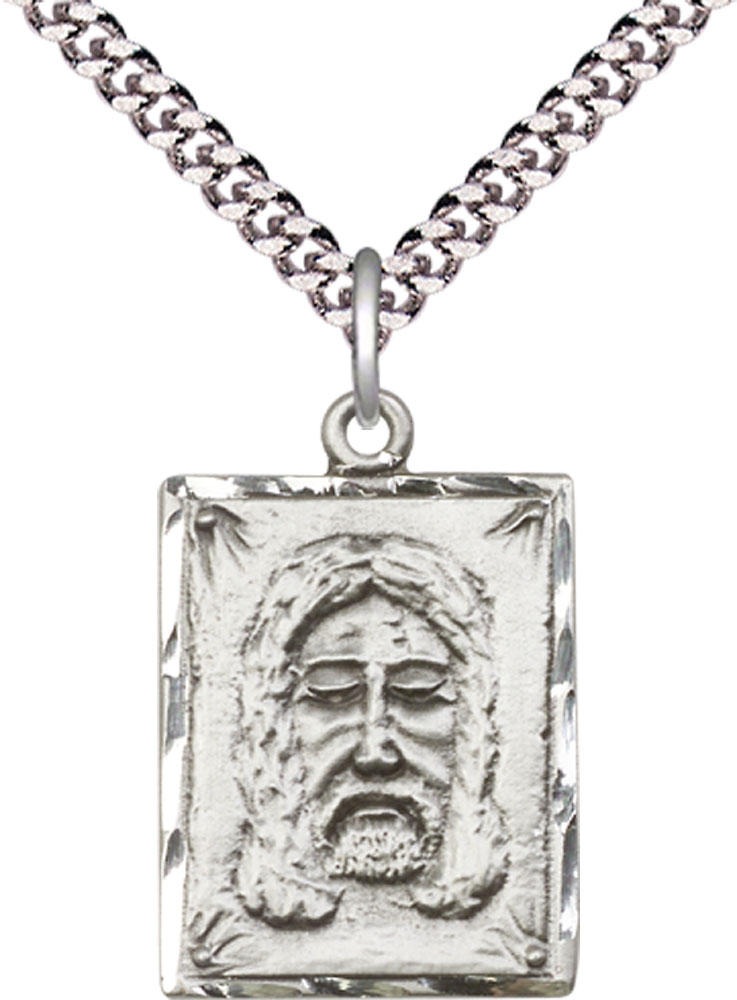 Sterling Silver Holy Face Pendant on a 24 inch Light Rhodium Heavy Curb chain