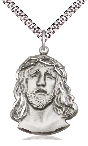 Sterling Silver Ecce Homo Pendant on a 24 inch Light Rhodium Heavy Curb chain