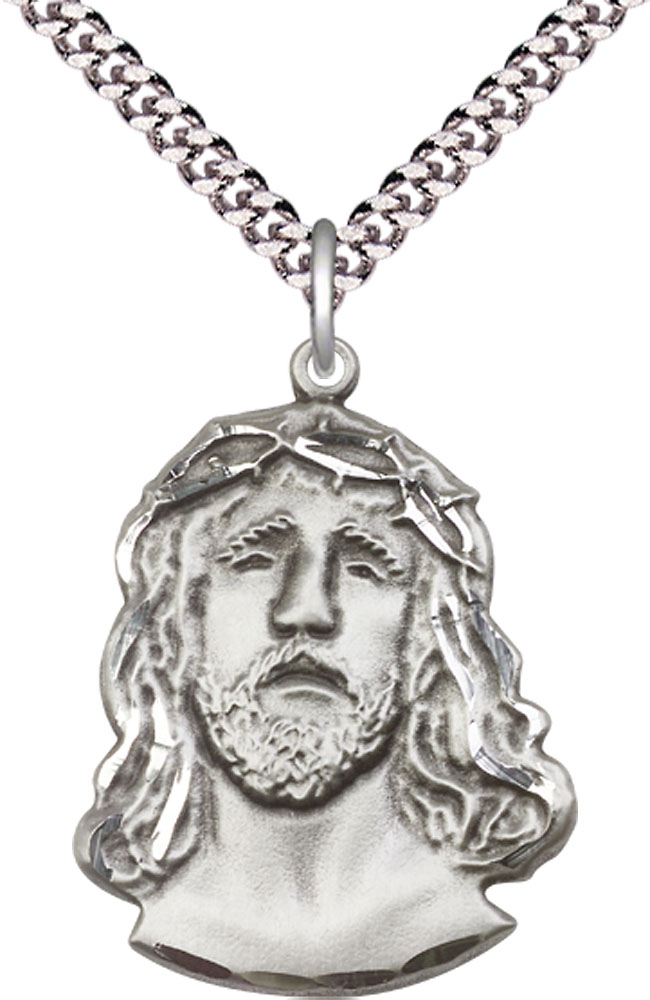 Sterling Silver Ecce Homo Pendant on a 24 inch Light Rhodium Heavy Curb chain