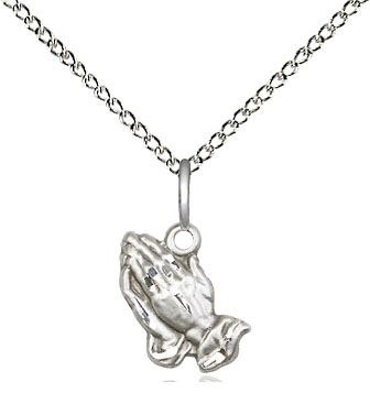 Sterling Silver Praying Hands Pendant on a 18 inch Sterling Silver Light Curb chain