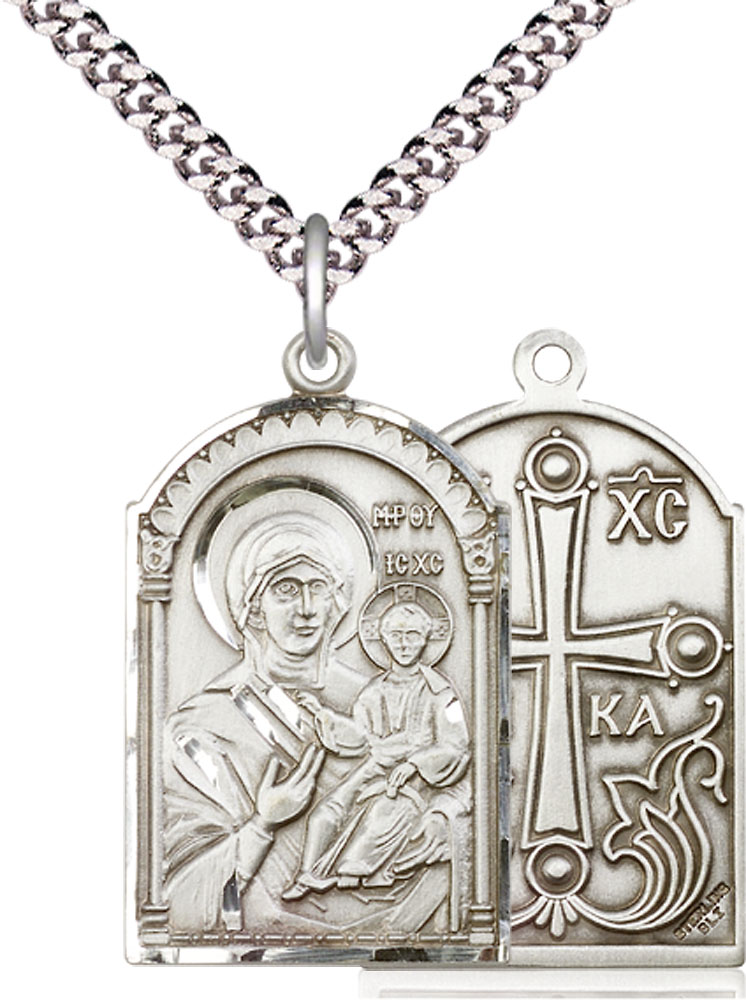 Sterling Silver Mother of God Pendant on a 24 inch Light Rhodium Heavy Curb chain