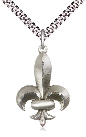 Sterling Silver Fleur de Lis Pendant on a 24 inch Light Rhodium Heavy Curb chain