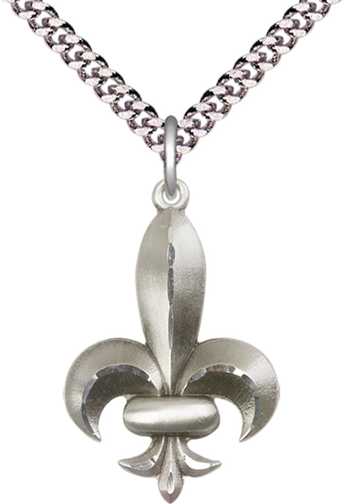 Sterling Silver Fleur de Lis Pendant on a 24 inch Light Rhodium Heavy Curb chain