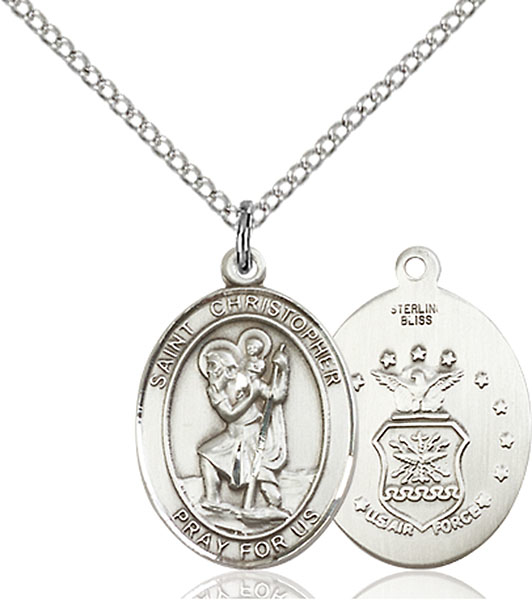 Sterling Silver Saint Christopher Air Force Pendant on a 18 inch Light Rhodium Light Curb chain