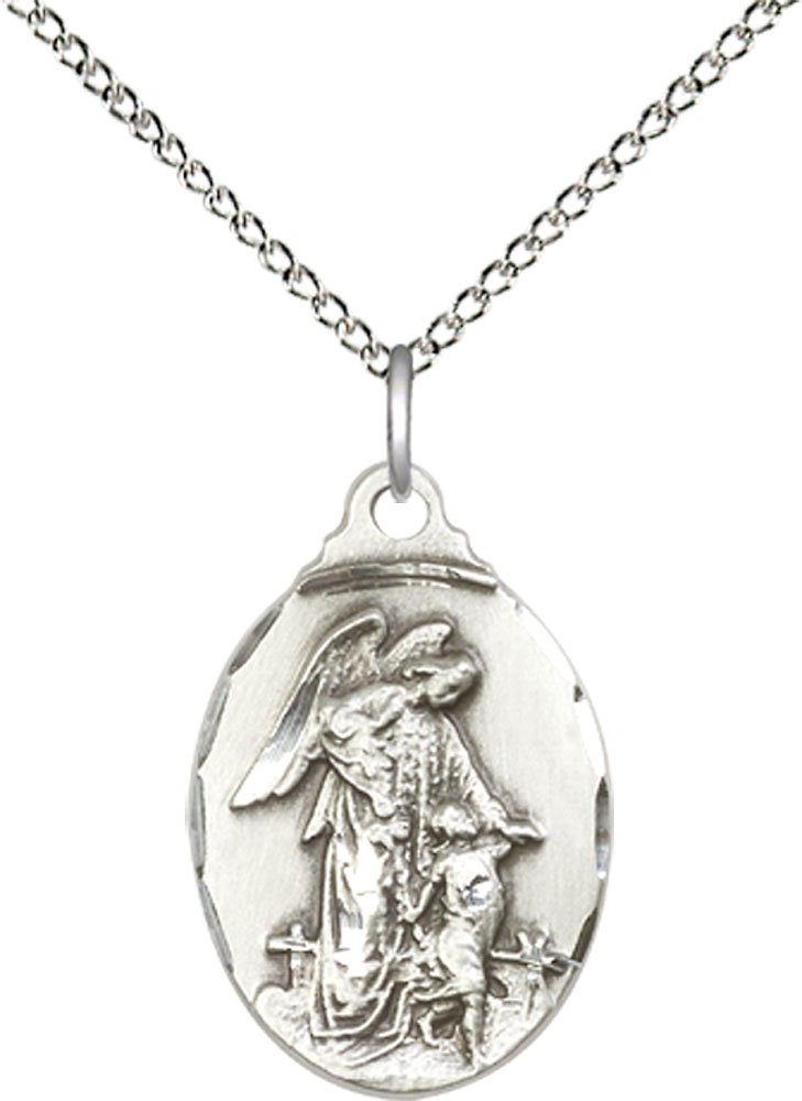 Sterling Silver Guardian Angel Pendant on a 18 inch Sterling Silver Light Curb chain