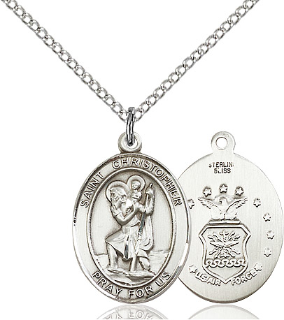 Sterling Silver Saint Christopher Air Force Pendant on a 18 inch Sterling Silver Light Curb chain