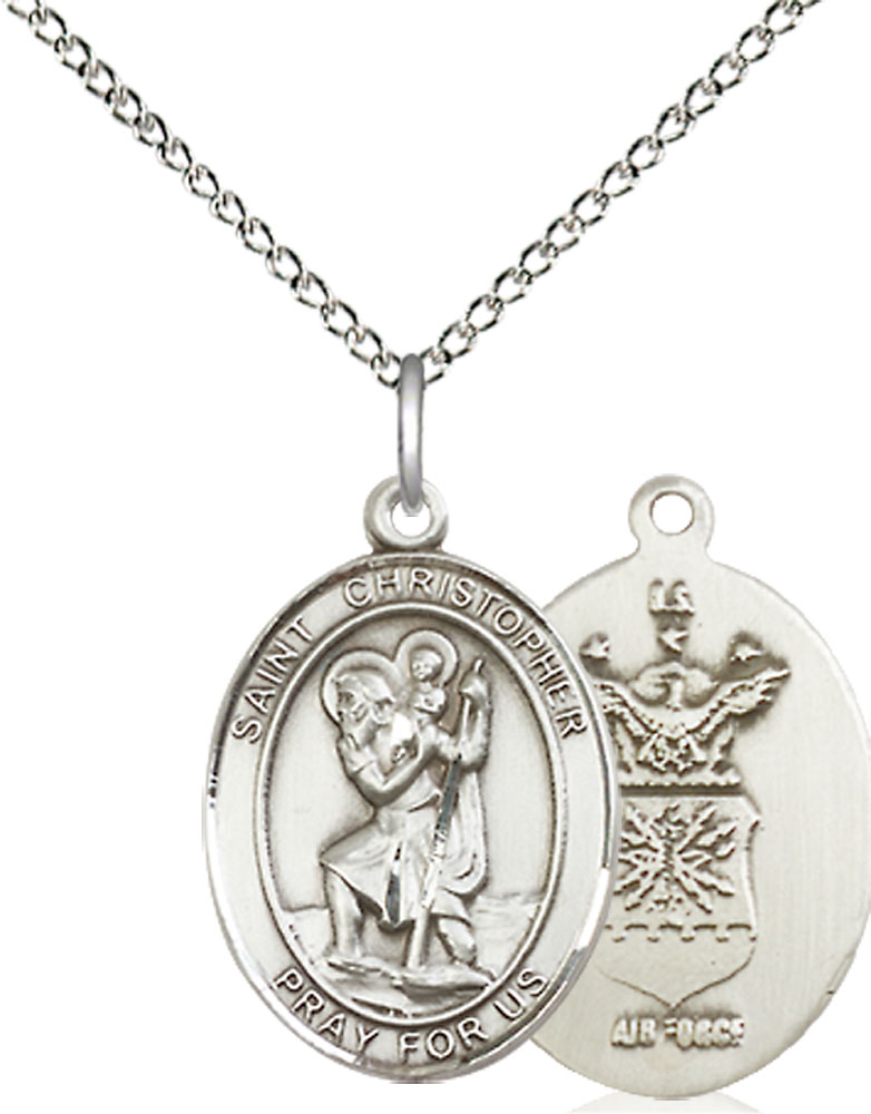 Sterling Silver Saint Christopher Air Force Pendant on a 18 inch Sterling Silver Light Curb chain