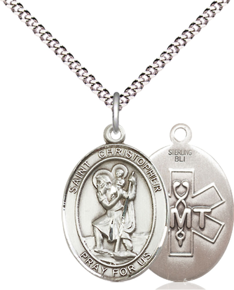 Sterling Silver Saint Christopher EMT Pendant on a 18 inch Light Rhodium Light Curb chain