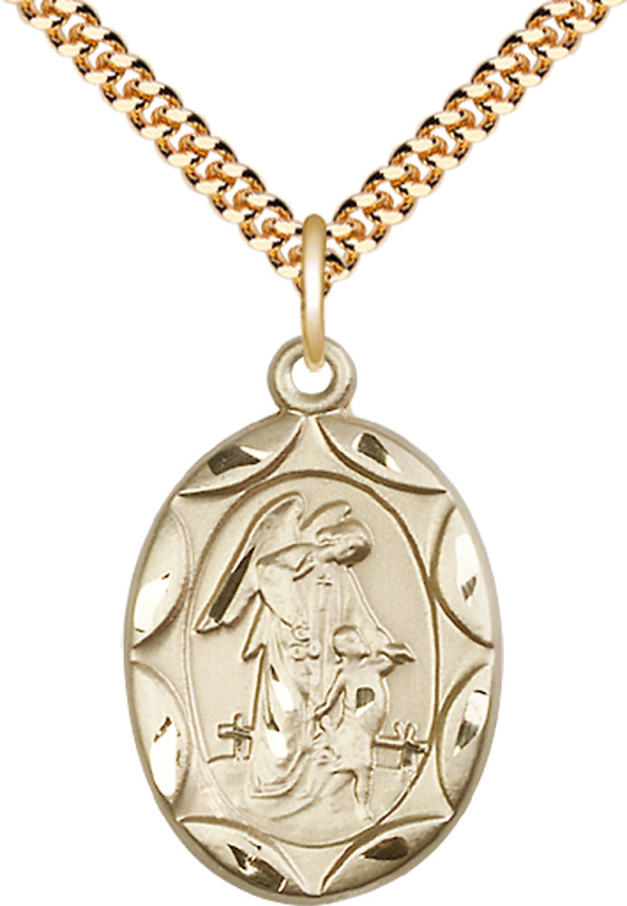 14kt Gold Filled Guardian Angel Pendant on a 24 inch Gold Plate Heavy Curb chain