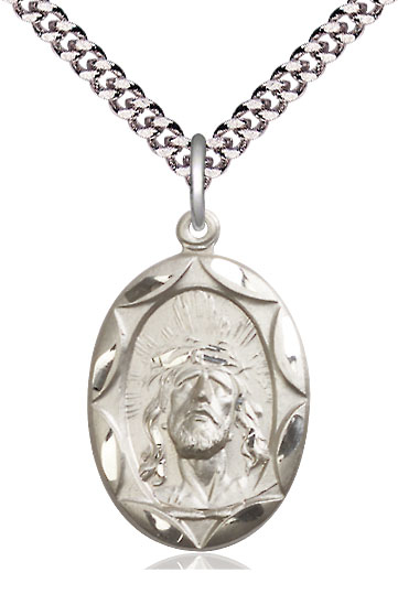 Sterling Silver Ecce Homo Pendant on a 24 inch Light Rhodium Heavy Curb chain