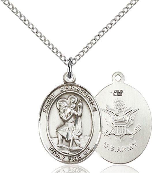 Sterling Silver Saint Christopher Army Pendant on a 18 inch Light Rhodium Light Curb chain