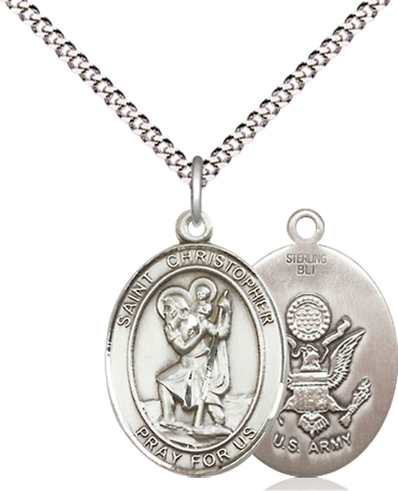 Sterling Silver Saint Christopher Army Pendant on a 18 inch Light Rhodium Light Curb chain