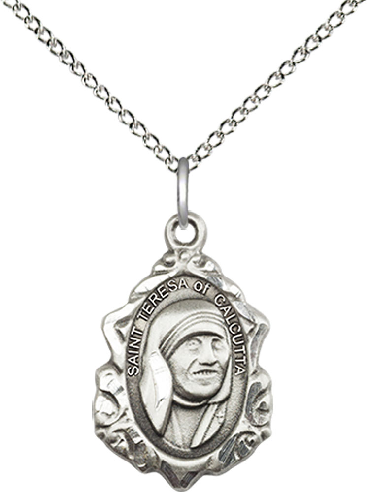 Sterling Silver Saint Teresa of Calcutta Pendant on a 18 inch Sterling Silver Light Curb chain