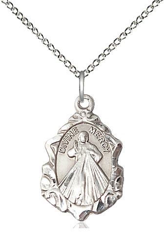 Sterling Silver Divine Mercy Pendant on a 18 inch Sterling Silver Light Curb chain