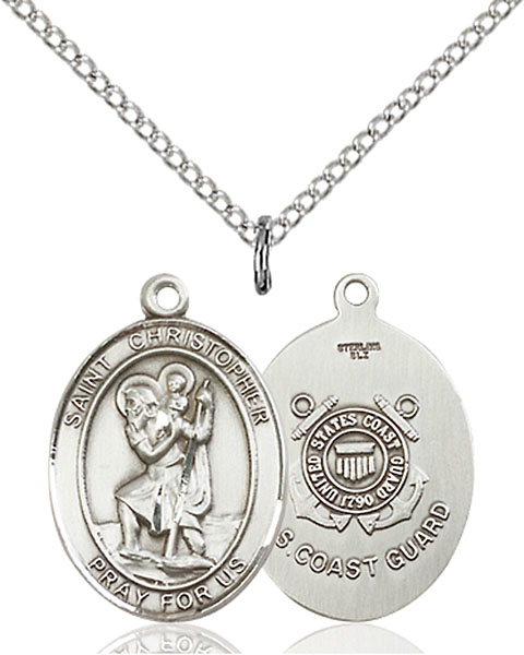 Sterling Silver Saint Christopher Coast Guard Pendant on a 18 inch Light Rhodium Light Curb chain