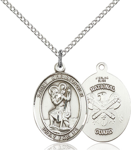 Sterling Silver Saint Christopher National Guard Pendant on a 18 inch Light Rhodium Light Curb chain