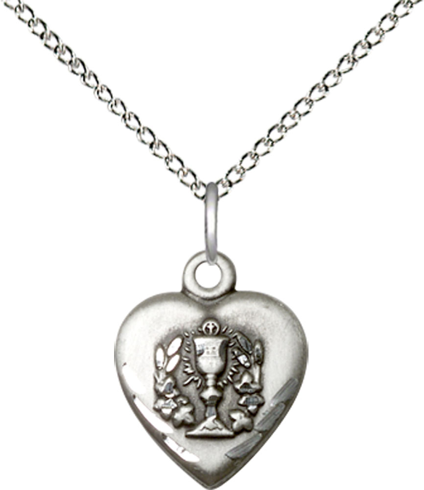 Sterling Silver Heart / Communion Pendant on a 18 inch Sterling Silver Light Curb chain
